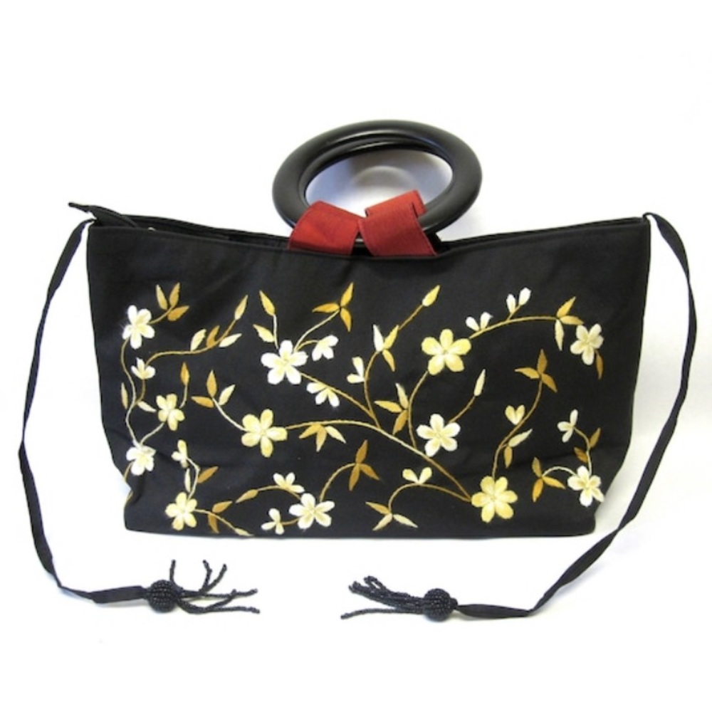 Vintage Needlework Large Black Purse Embroidered Flower Tote Handbag